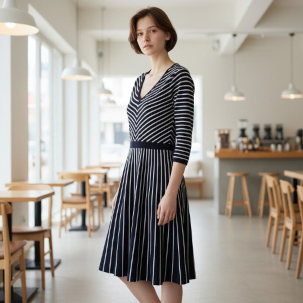 Boden Fit & Flare Navy Blue Ivory Striped Knee Length Knit Dress, Size 8L Tall